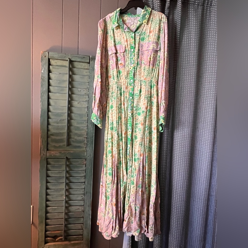 LOFT Pink and Green Pleated dress with Bishop Sleeves